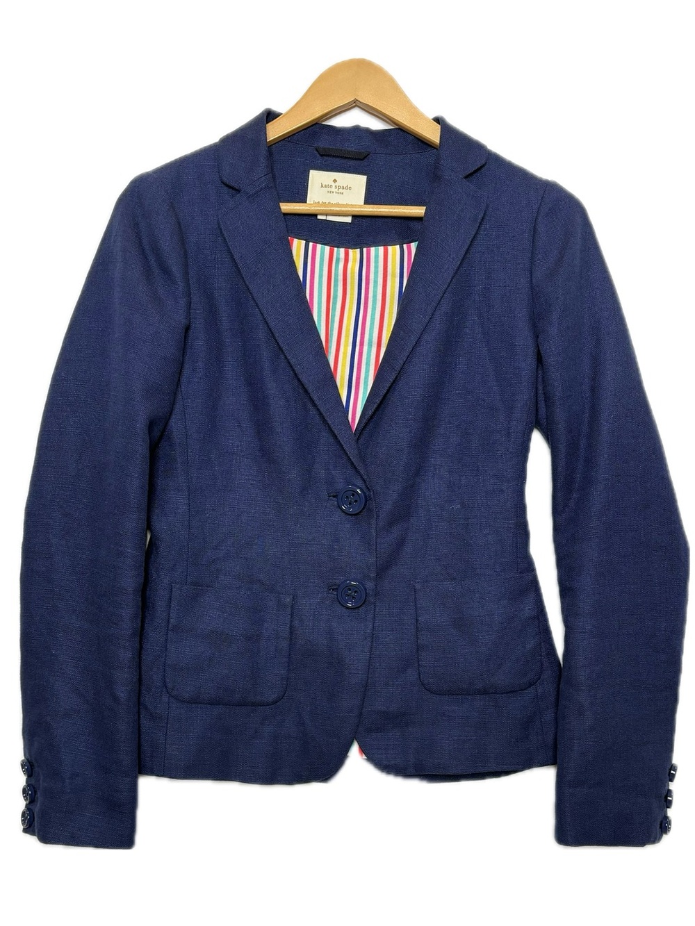Kate Spade Navy Linen Lyocell Blazer Womens Size 4 Patch Pocket 2 Button Front